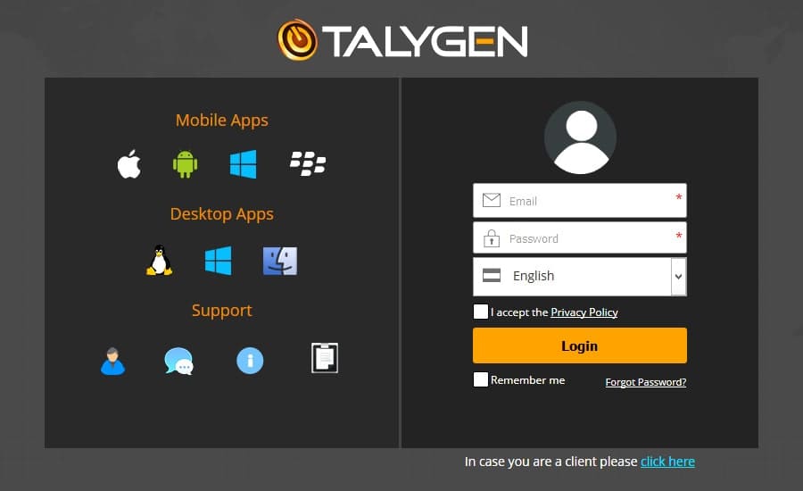 Talygen Login Screen